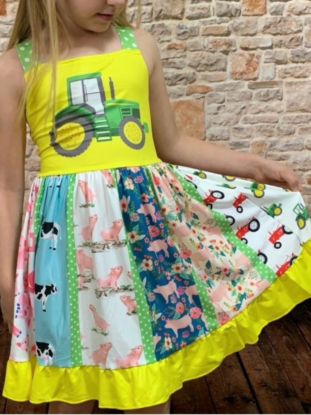 NEW Boutique Farm Tractor Cow Pig Girls Sleeveless Panel Twirl Dress 12/18 month